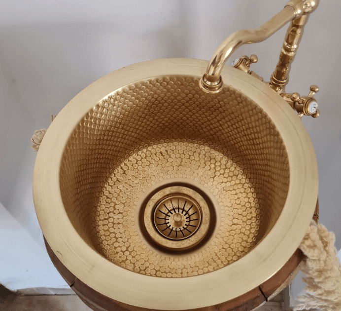 Custom Made 12" Brass Bar Sink & Brass Drain Basket - 12" Wet Area Bar Sink - Bee Hammered Brass Sink / sink cell