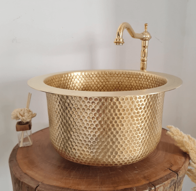 Custom Made 12" Brass Bar Sink & Brass Drain Basket - 12" Wet Area Bar Sink - Bee Hammered Brass Sink / sink cell
