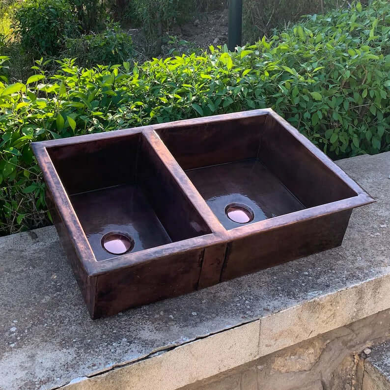 Cooper handmade double vessel sink, undermount copper kitchen wash basin, elegant and functional design.