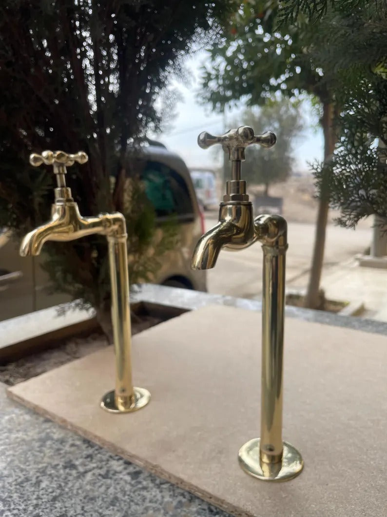 Pair of 2 Unlacquered Brass Wall Mount Water Faucets - Moroccan Inspired Vintage Bathroom Taps with Hammered Finish