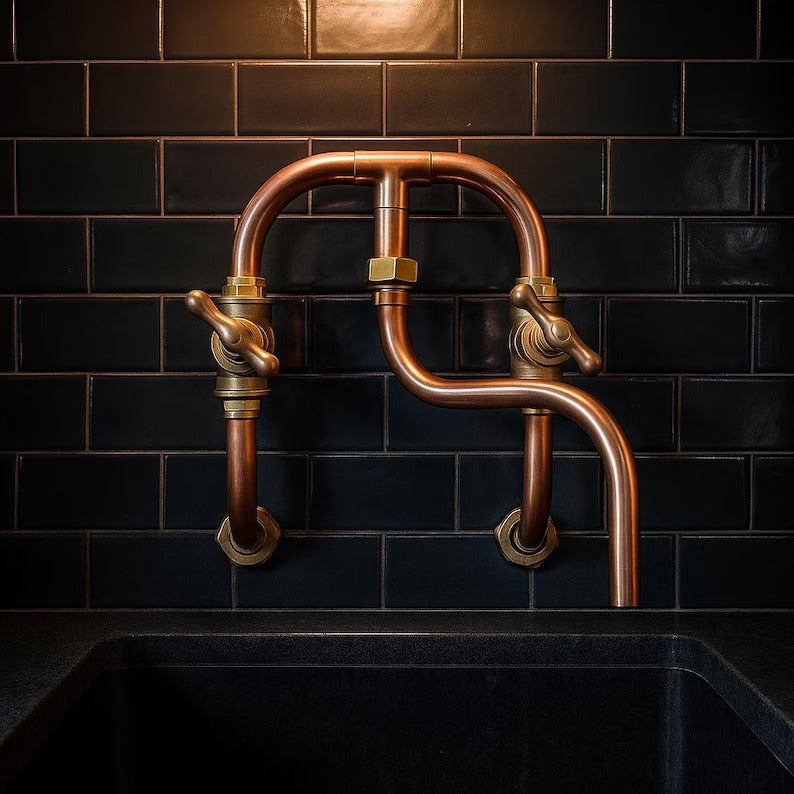 Handmade copper wall mount faucet with industrial design against black tiled backdrop.