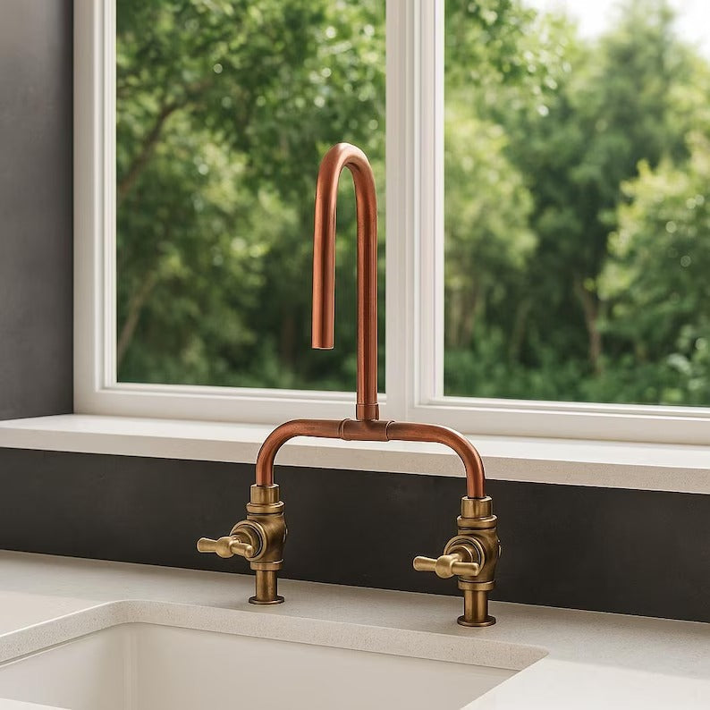 Handmade Copper & Brass Faucet – Handmade Wall Mount or Countertop Mixer Tap – Vintage Rustic Farmhouse Kitchen and Bathroom Sink