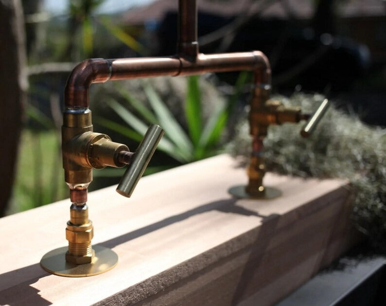 Handmade Copper Faucet with Brass Valves – Handmade Rustic Mixer Tap – Double Handle Hot & Cold Basin or Outdoor Sink Fixture