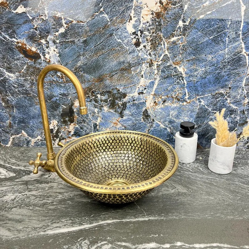 Custom Handmade Brass Bathroom Sink – 16 Gauge Round Vessel or Drop-In Basin – Hand Hammered Brushed Brass Vanity Bowl