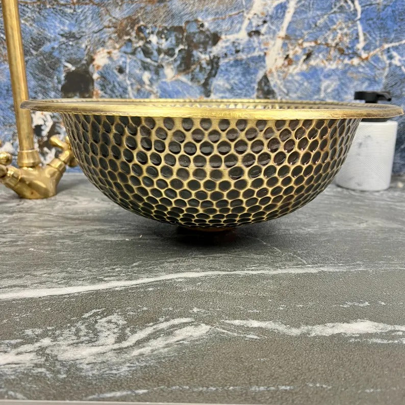 Custom Handmade Brass Bathroom Sink – 16 Gauge Round Vessel or Drop-In Basin – Hand Hammered Brushed Brass Vanity Bowl