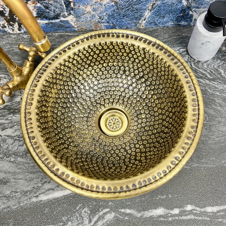 Custom Handmade Brass Bathroom Sink – 16 Gauge Round Vessel or Drop-In Basin – Hand Hammered Brushed Brass Vanity Bowl