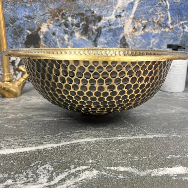 Custom Handmade Brass Bathroom Sink – 16 Gauge Round Vessel or Drop-In Basin – Hand Hammered Brushed Brass Vanity Bowl