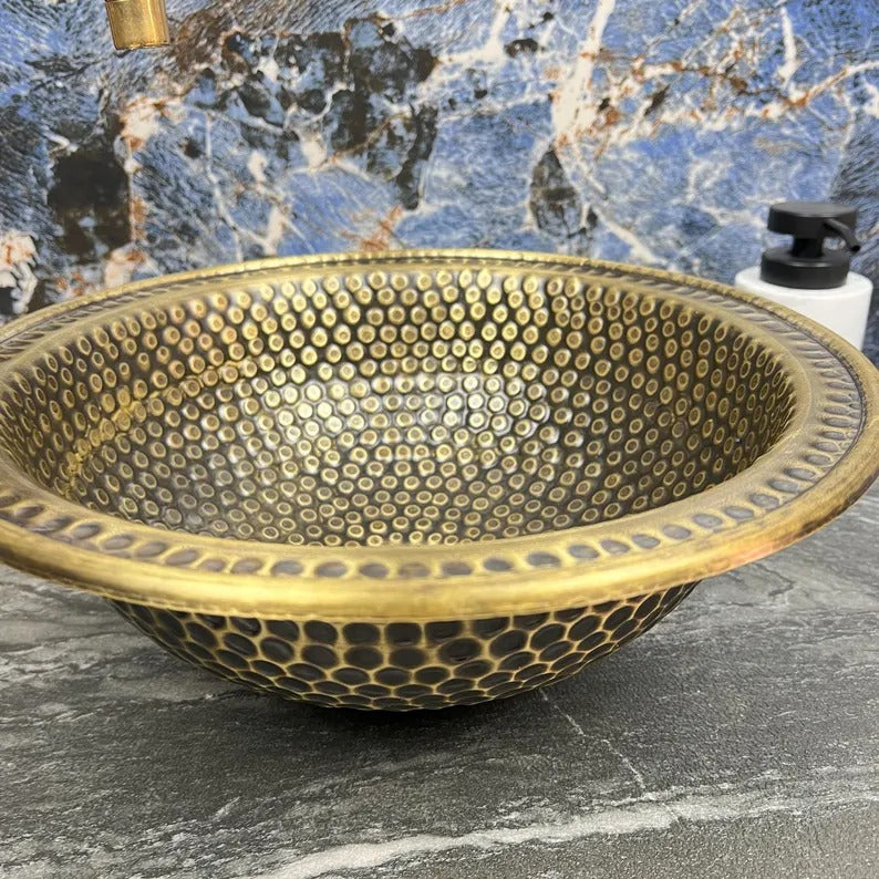 Custom Handmade Brass Bathroom Sink – 16 Gauge Round Vessel or Drop-In Basin – Hand Hammered Brushed Brass Vanity Bowl