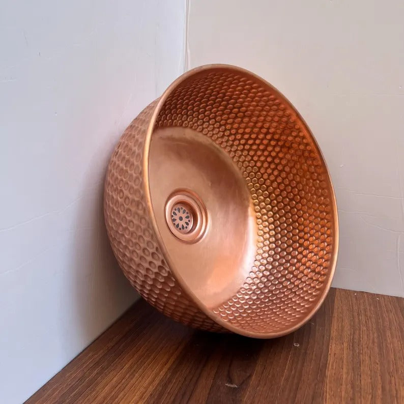 14"x6" inch Round Red Copper Basin, Brushed Brass bathroom sink, Vessel Copper Sink, Copper Drain Included