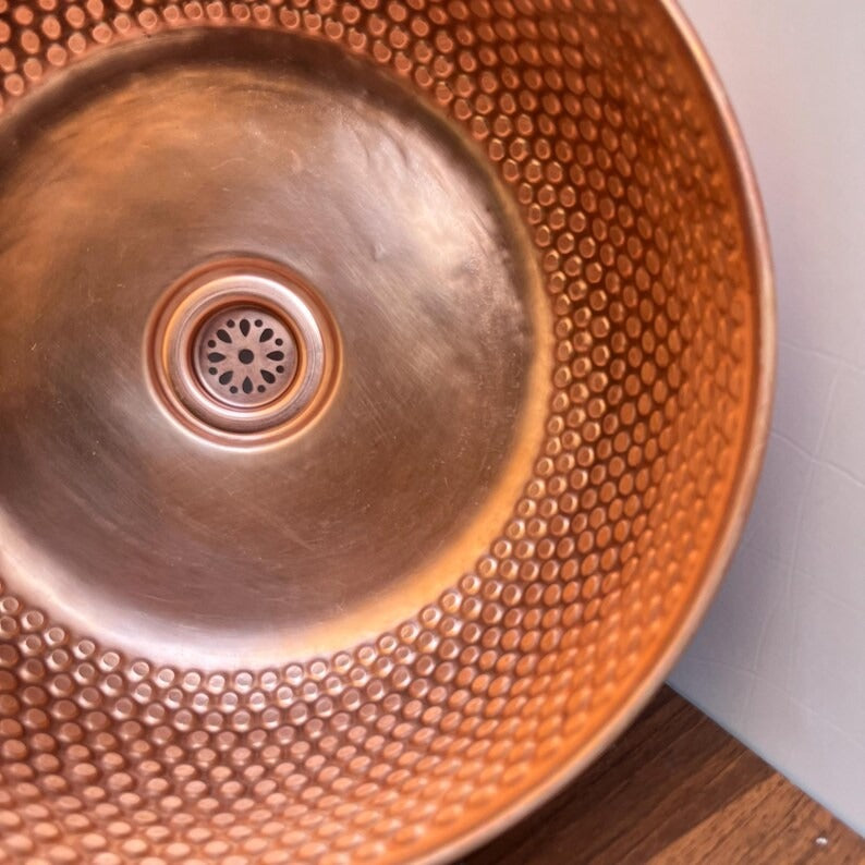 14"x6" inch Round Red Copper Basin, Brushed Brass bathroom sink, Vessel Copper Sink, Copper Drain Included