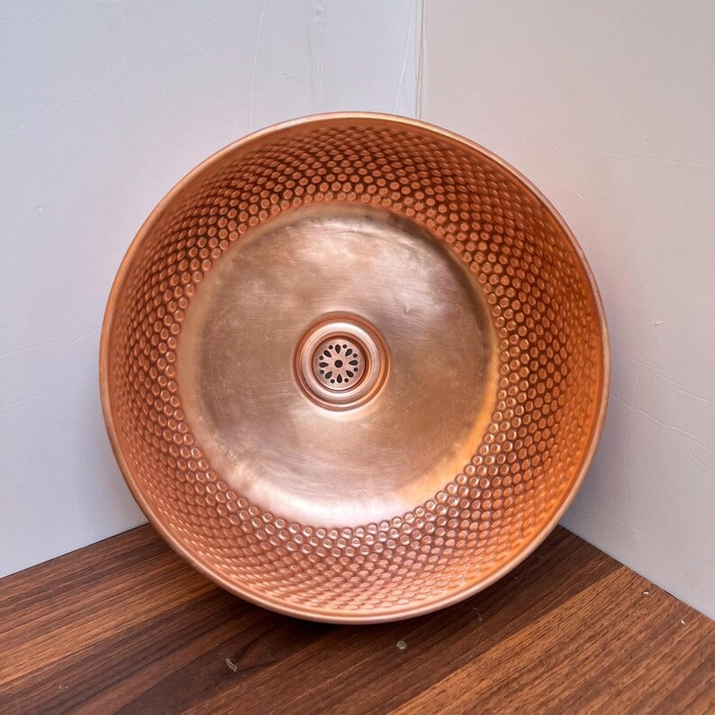 14"x6" inch Round Red Copper Basin, Brushed Brass bathroom sink, Vessel Copper Sink, Copper Drain Included