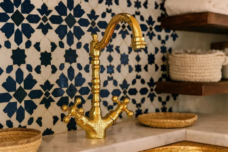 Handmade Solid Brass Bathroom Sink Faucet – Heavy Vintage-Style Double Handle Mixer, Moroccan Brass Tap for Vanity & Kitchen