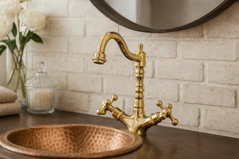 Handmade Solid Brass Bathroom Sink Faucet – Heavy Vintage-Style Double Handle Mixer, Moroccan Brass Tap for Vanity & Kitchen