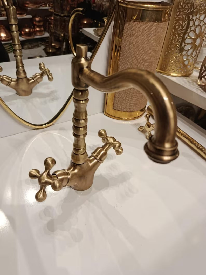 Handmade Solid Brass Bathroom Sink Faucet – Heavy Vintage-Style Double Handle Mixer, Moroccan Brass Tap for Vanity & Kitchen