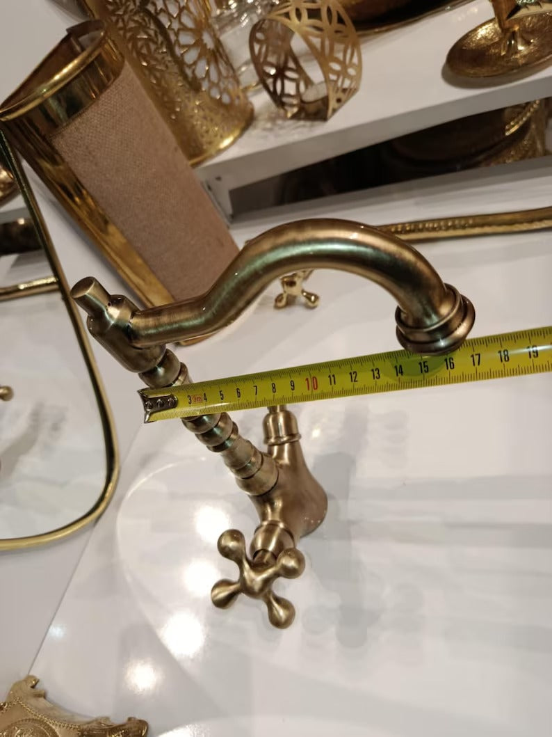 Handmade Solid Brass Bathroom Sink Faucet – Heavy Vintage-Style Double Handle Mixer, Moroccan Brass Tap for Vanity & Kitchen
