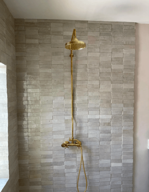 unlacquered brass shower system, handheld shower and shower head combo, exposed pipe / shower