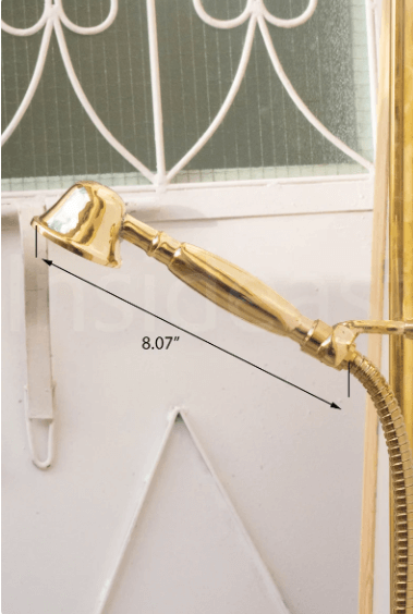 unlacquered brass shower system, handheld shower and shower head combo, exposed pipe / shower