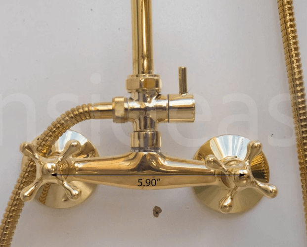 unlacquered brass shower system, handheld shower and shower head combo, exposed pipe / shower