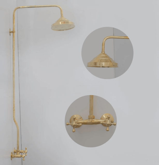 Unlacquered Brass Exposed Shower System, Solid Brass Outdoor Shower, Brass Showerhead / shower
