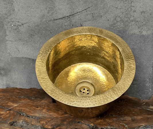 hammered unlacquered brass round bar sink including drain ,handcrafted brass round sink / sink