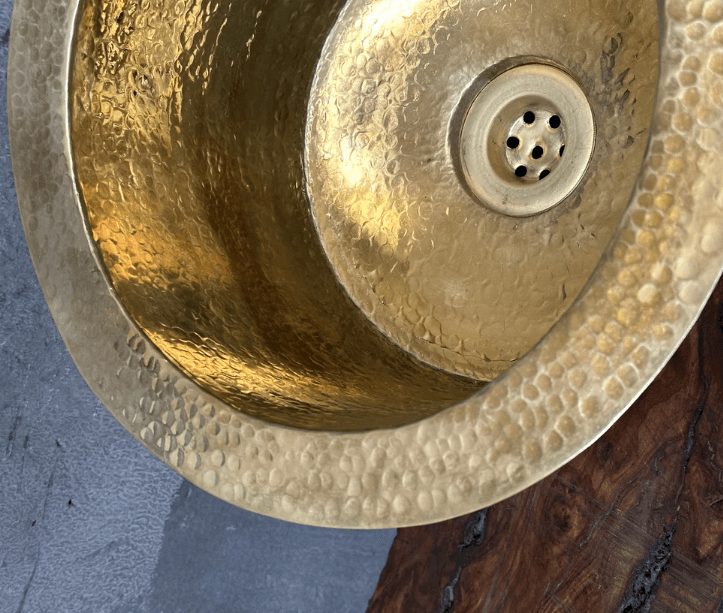 hammered unlacquered brass round bar sink including drain ,handcrafted brass round sink / sink