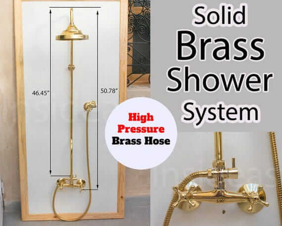 unlacquered brass shower system, handheld shower and shower head combo, exposed pipe / shower