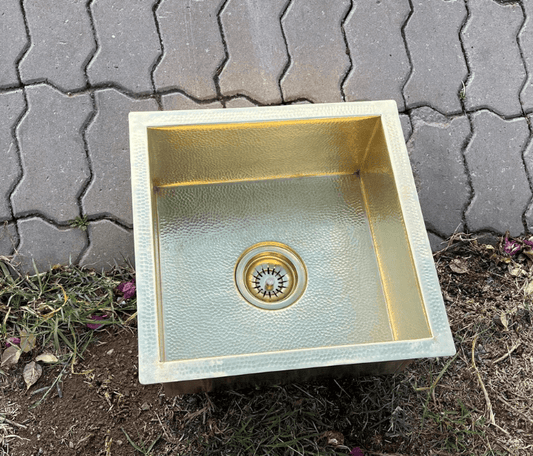 Solid Brass Undermount Sink with Polished Copper Hammered Design - Handmade Moroccan Style / square