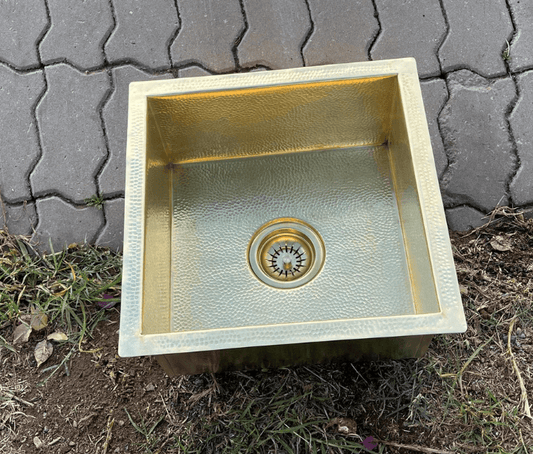 Solid Brass Undermount Sink with Polished Copper Hammered Design - Handmade Moroccan Style / square