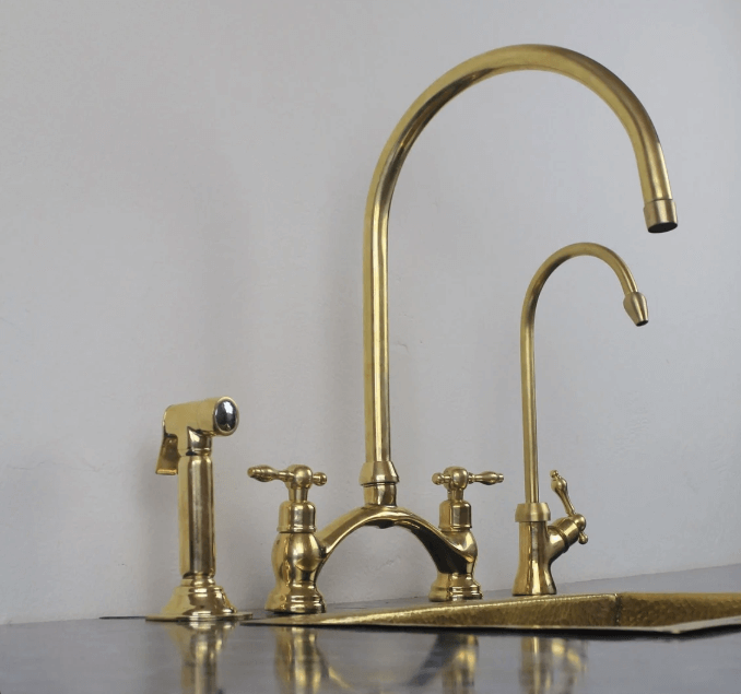 unlacquered brass kitchen bridge faucet vectorian style with sprayer & cold water faucet / FAUCET