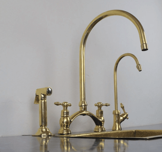 unlacquered brass kitchen bridge faucet vectorian style with sprayer & cold water faucet / FAUCET