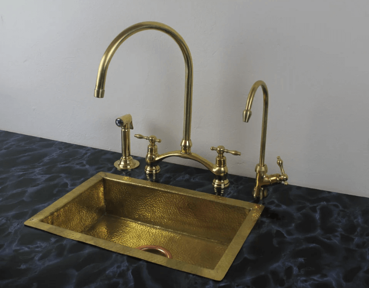 unlacquered brass kitchen bridge faucet vectorian style with sprayer & cold water faucet / FAUCET
