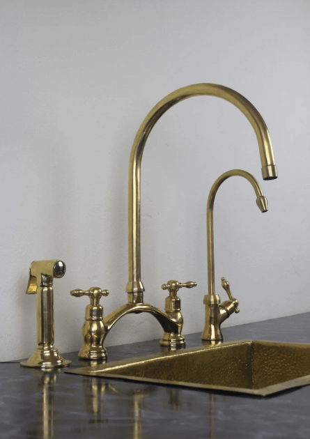 unlacquered brass kitchen bridge faucet vectorian style with sprayer & cold water faucet / FAUCET