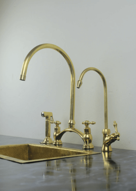 unlacquered brass kitchen bridge faucet vectorian style with sprayer & cold water faucet / FAUCET