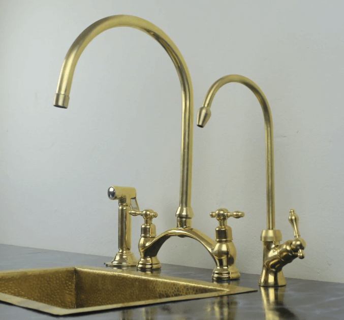 unlacquered brass kitchen bridge faucet vectorian style with sprayer & cold water faucet / FAUCET