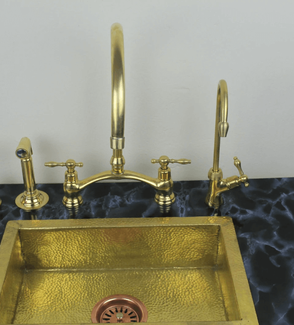 unlacquered brass kitchen bridge faucet vectorian style with sprayer & cold water faucet / FAUCET