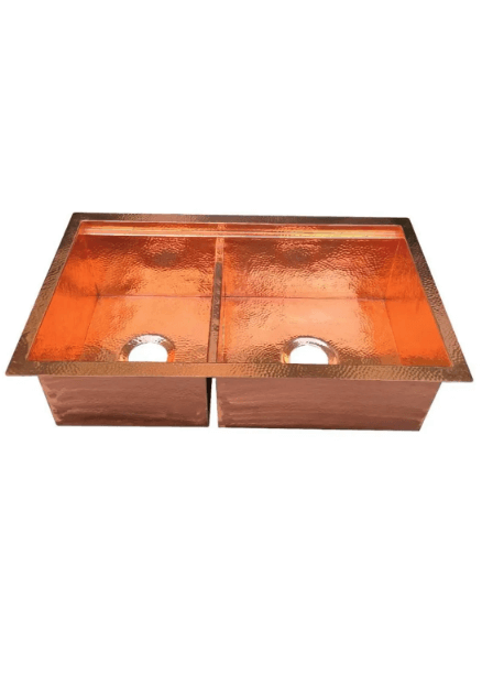 Handcrafted Hammered Copper Double Kitchen Sink – Farmhouse Style with Customizable Dimensions / double red