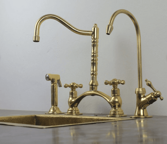 Victorian Classic Kitchen Bridge Faucet - Modern Unlacquered Brass / Bridge Faucet,Cold Water Faucet,FAUCET,Kitchen Faucet,Modern Unlacquered Brass,Side Sprayer,Victorian Classic