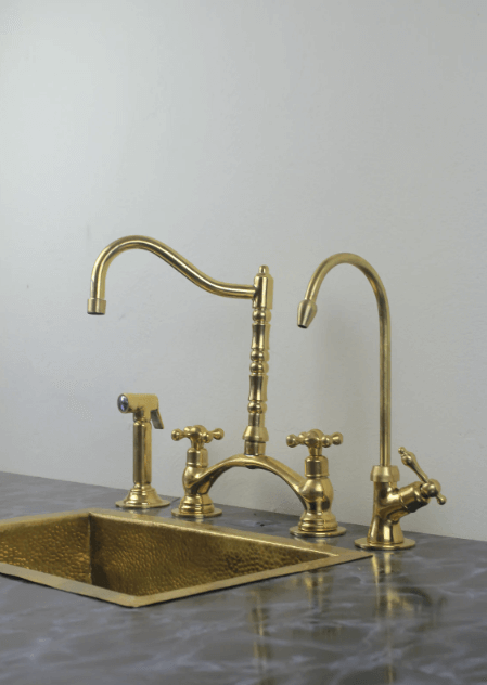 Victorian Classic Kitchen Bridge Faucet - Modern Unlacquered Brass / Bridge Faucet,Cold Water Faucet,FAUCET,Kitchen Faucet,Modern Unlacquered Brass,Side Sprayer,Victorian Classic