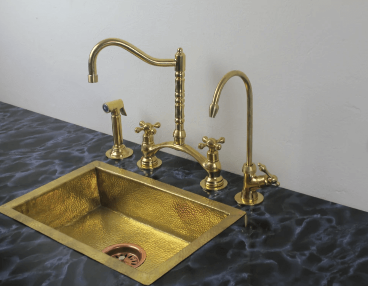 Victorian Classic Kitchen Bridge Faucet - Modern Unlacquered Brass / Bridge Faucet,Cold Water Faucet,FAUCET,Kitchen Faucet,Modern Unlacquered Brass,Side Sprayer,Victorian Classic