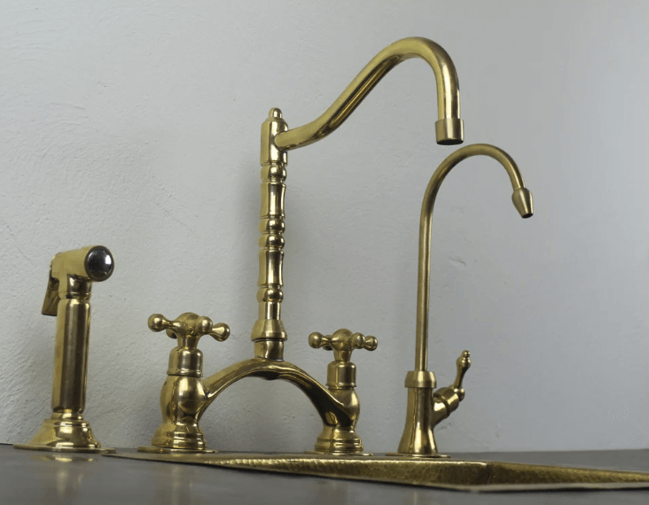Victorian Classic Kitchen Bridge Faucet - Modern Unlacquered Brass / Bridge Faucet,Cold Water Faucet,FAUCET,Kitchen Faucet,Modern Unlacquered Brass,Side Sprayer,Victorian Classic