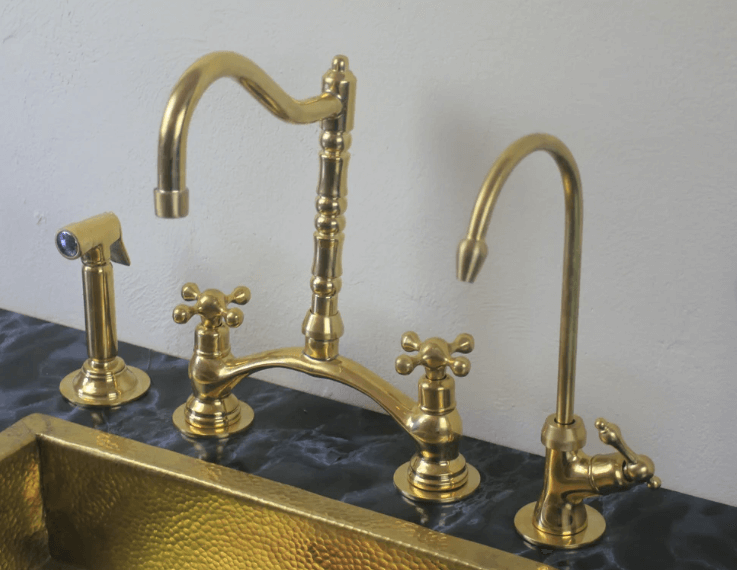 Victorian Classic Kitchen Bridge Faucet - Modern Unlacquered Brass / Bridge Faucet,Cold Water Faucet,FAUCET,Kitchen Faucet,Modern Unlacquered Brass,Side Sprayer,Victorian Classic