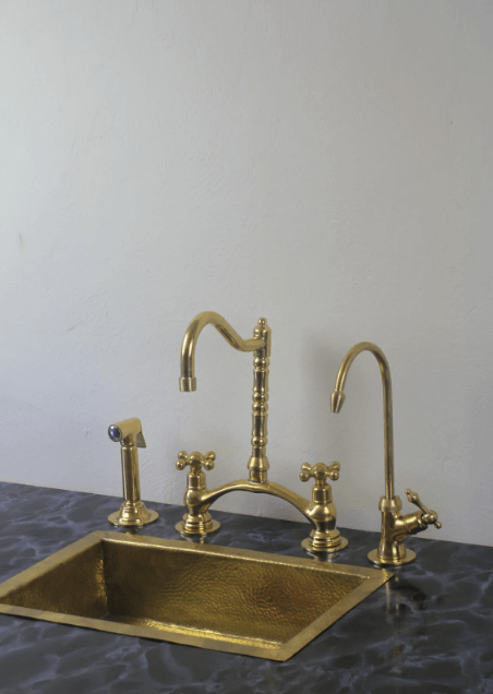 Victorian Classic Kitchen Bridge Faucet - Modern Unlacquered Brass / Bridge Faucet,Cold Water Faucet,FAUCET,Kitchen Faucet,Modern Unlacquered Brass,Side Sprayer,Victorian Classic