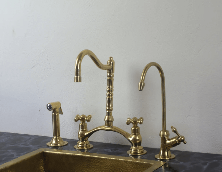 Victorian Classic Kitchen Bridge Faucet - Modern Unlacquered Brass / Bridge Faucet,Cold Water Faucet,FAUCET,Kitchen Faucet,Modern Unlacquered Brass,Side Sprayer,Victorian Classic