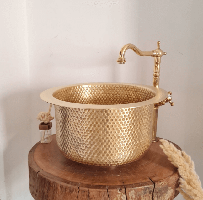 Custom Made 12" Brass Bar Sink & Brass Drain Basket - 12" Wet Area Bar Sink - Bee Hammered Brass Sink / sink cell