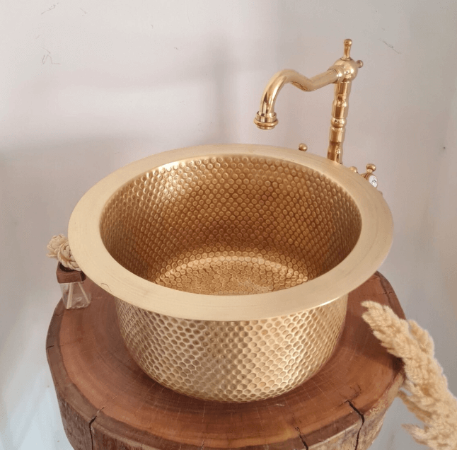 Custom Made 12" Brass Bar Sink & Brass Drain Basket - 12" Wet Area Bar Sink - Bee Hammered Brass Sink / sink cell