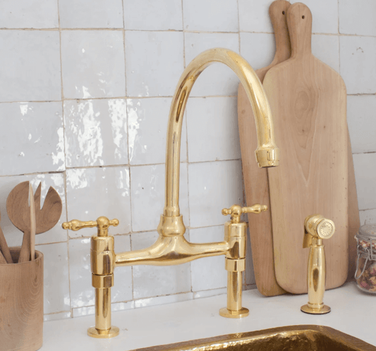vintage 8" unlacquered brass bridge faucet, kitchen sink faucet, lever handles / FAUCET