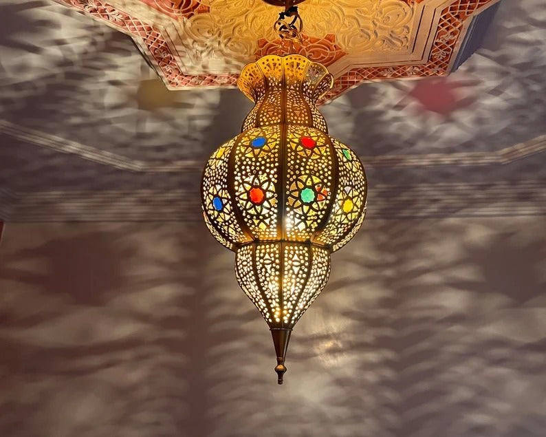 Colorful Handmade Pendant Light - Moroccan Copper Brass and Glass lampshade - hanging pendant Moroccan Lamp, small chandelier