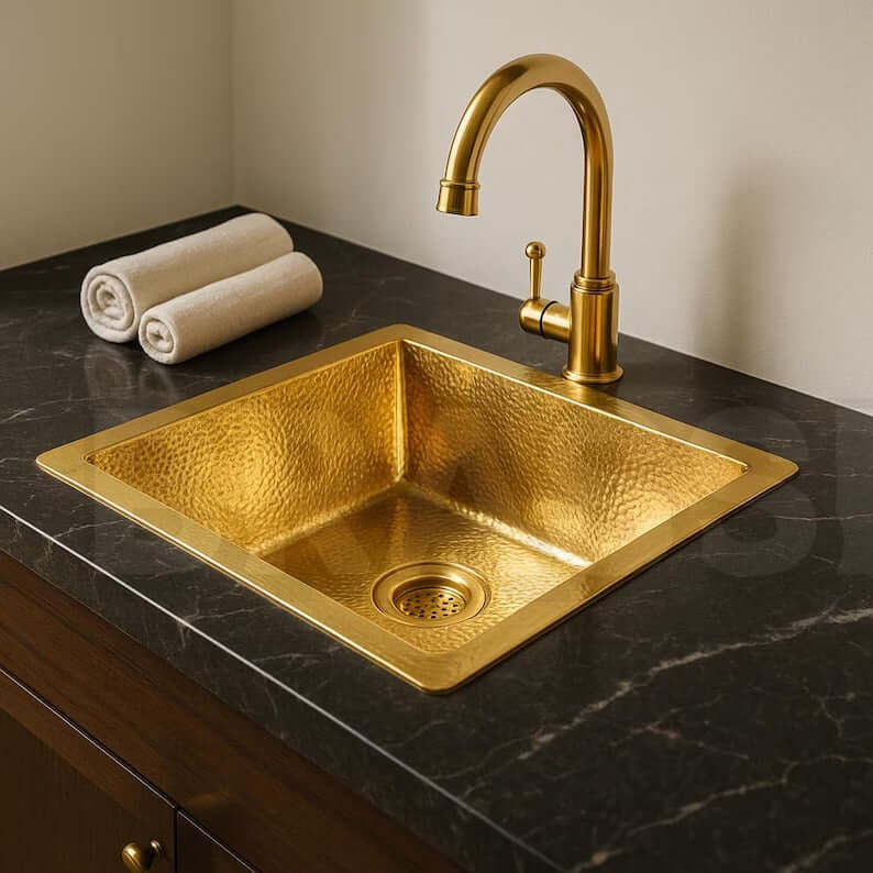 Handcrafted brass bar sink with golden finish and elegant faucet on a marble countertop.