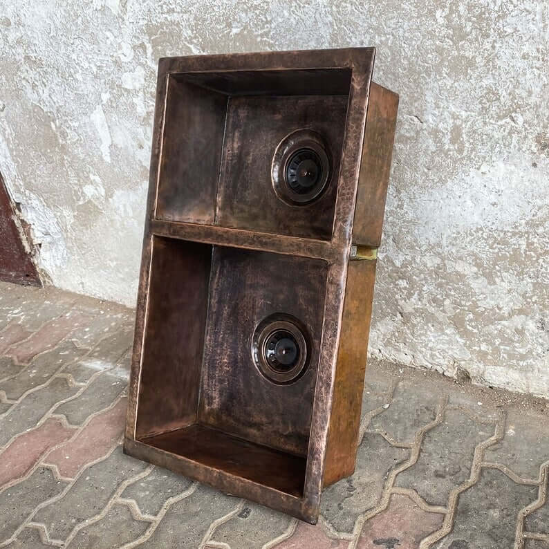 Handmade double vessel copper sink for kitchen and bathroom, featuring stylish design and high-quality craftsmanship.
