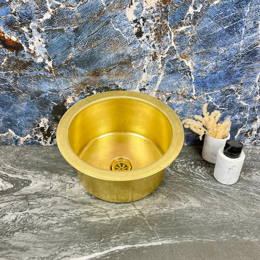 Hand-Hammered Unlacquered Brass Round Bar Sink with Drain – Handmade Solid Brass Basin - Round Drop In Farmhouse Vessel Sink